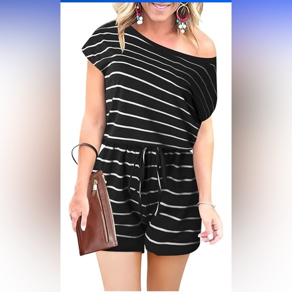 anarebess Pants - Elegant Off-Shoulder Black and White Striped Jumpsuit